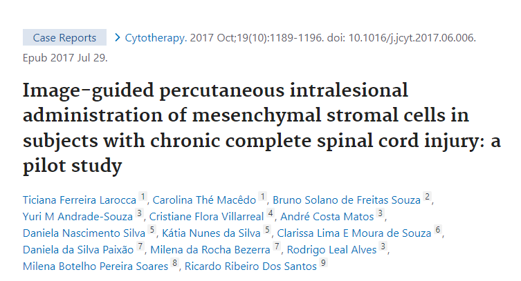 影像引導(dǎo)經(jīng)皮間充質(zhì)基質(zhì)細胞在慢性完全性脊髓損傷患者中的應(yīng)用:試點研究 影像引導(dǎo)經(jīng)皮間充質(zhì)基質(zhì)細胞在慢性完全性脊髓損傷患者中的應(yīng)用:試點研究