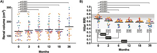 隨時(shí)間測(cè)量的腎體積和腎動(dòng)脈阻力指數(shù)。