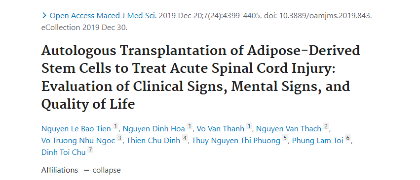脂肪干細胞自體移植治療急性脊髓損傷：臨床癥狀、精神癥狀和生活質量評估