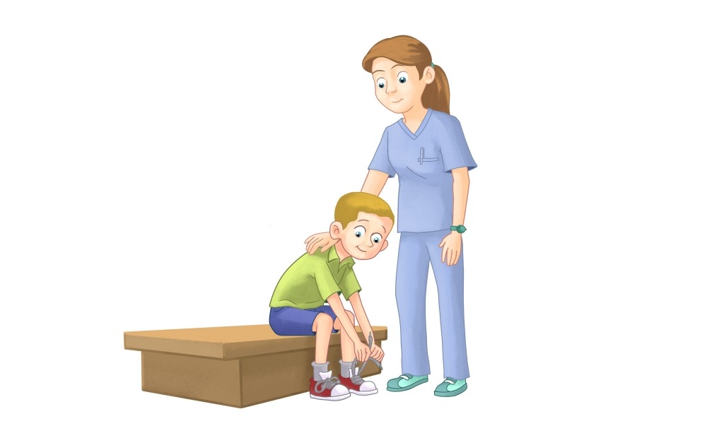 治療師幫助腦性癱瘓患者進行日?；顒?。?