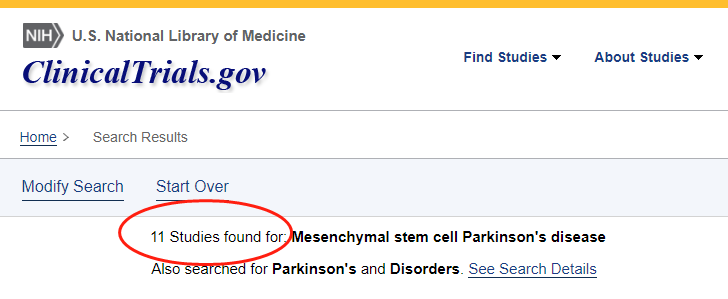 clinicaltrials.gov網(wǎng)站上注冊的有關(guān)間充質(zhì)干細(xì)胞治療帕金森病的臨床研究項目有11項。