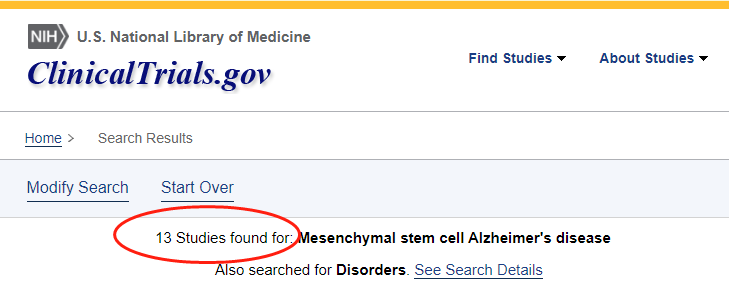 clinicaltrials.gov網(wǎng)站上注冊的有關(guān)間充質(zhì)干細(xì)胞治療阿爾茨海默氏病的臨床研究項目有13項。