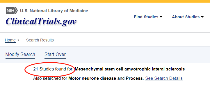 clinicaltrials.gov網(wǎng)站上注冊的有關(guān)間充質(zhì)干細(xì)胞治療肌萎縮側(cè)索硬化癥的臨床研究項目有21項。