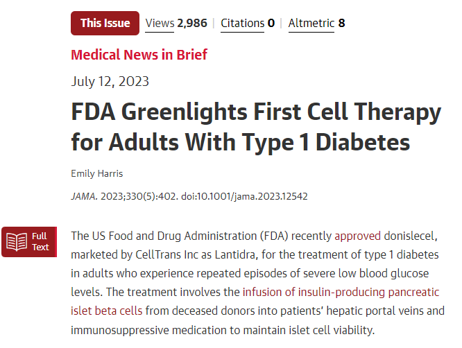 FDA批準(zhǔn)首個(gè)針對(duì)成人1型糖尿病的細(xì)胞療法 FDA批準(zhǔn)首個(gè)針對(duì)成人1型糖尿病的細(xì)胞療法