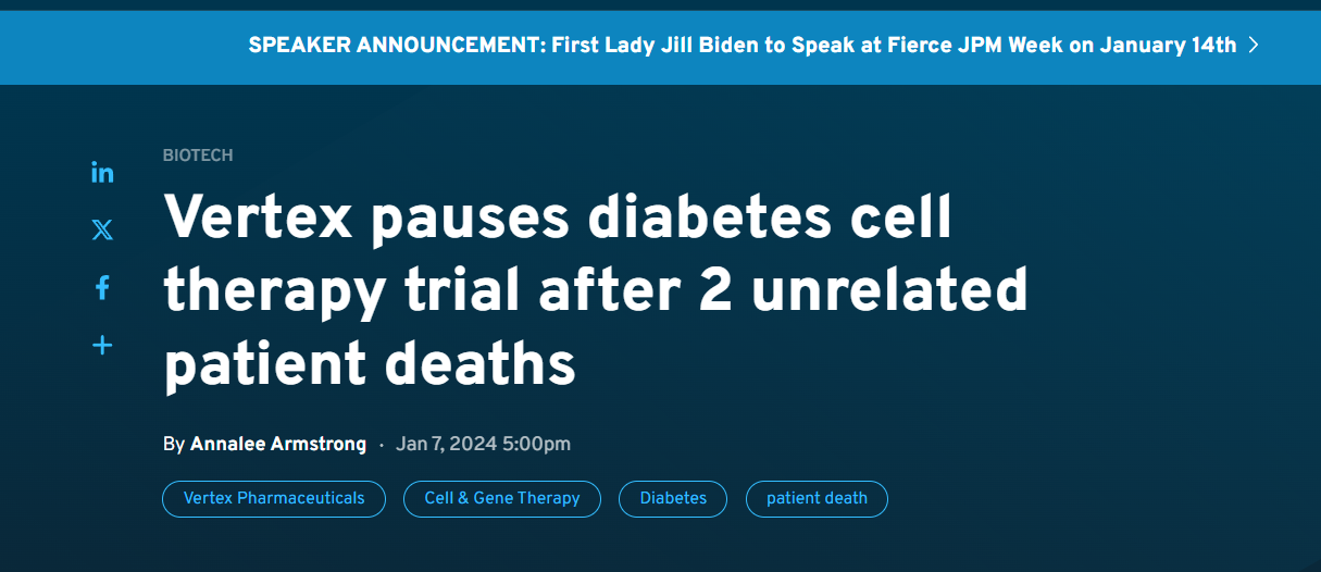 Vertex公司在兩例無關(guān)患者死亡后暫停干細(xì)胞治療糖尿病的試驗 Vertex公司在兩例無關(guān)患者死亡后暫停干細(xì)胞治療糖尿病的試驗