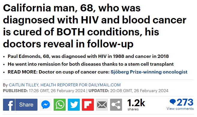 加州男子在干細胞移植后“治愈”了癌癥和艾滋病毒，康復情況令人驚嘆