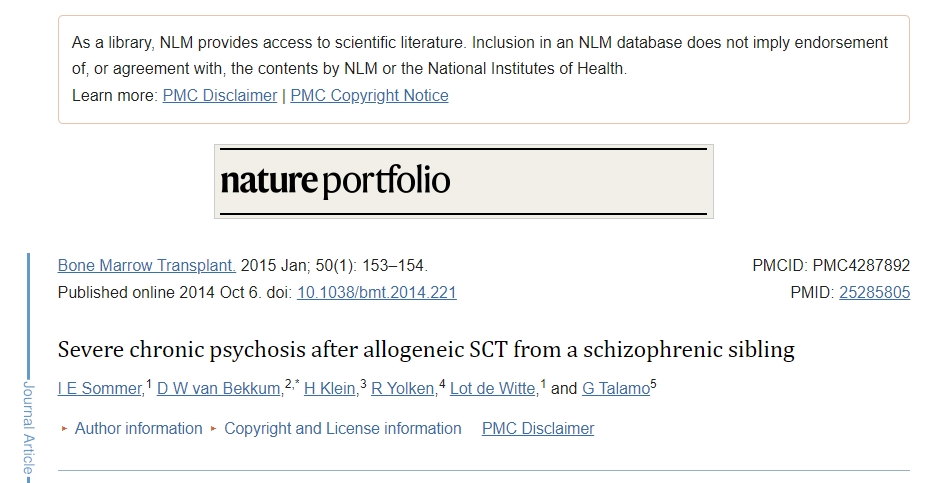 接受來自精神分裂癥同種異體 SCT 后出現(xiàn)嚴(yán)重慢性精神病