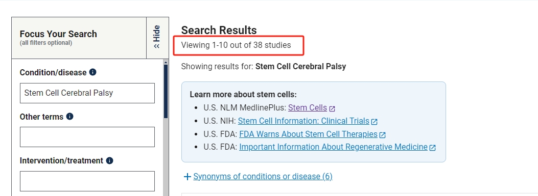 clinicaltrials.gov網(wǎng)站上注冊(cè)的有關(guān)干細(xì)胞治療腦癱的臨床研究項(xiàng)目有38項(xiàng)。其中已完成的有12項(xiàng)。
