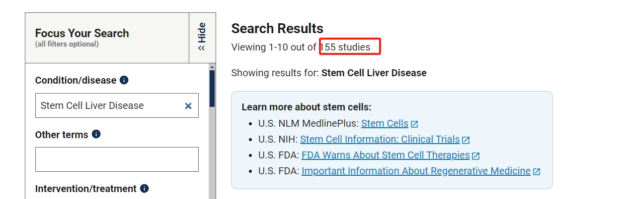 clinicaltrials.gov網(wǎng)站上注冊的有關(guān)干細(xì)胞治療肝病的臨床研究項目有155項。其中已完成的有53項。