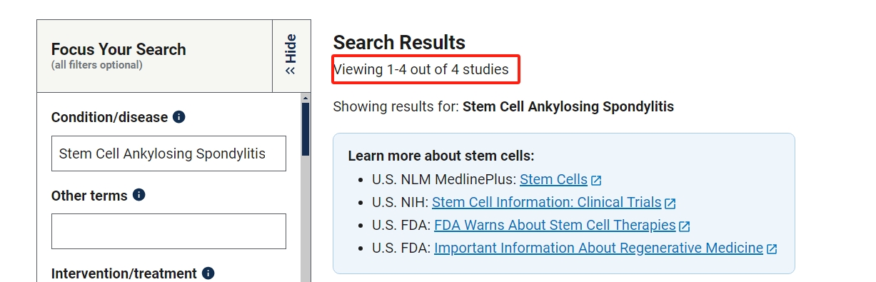 clinicaltrials.gov網(wǎng)站上注冊(cè)的有關(guān)干細(xì)胞治療強(qiáng)直性脊柱炎的臨床研究項(xiàng)目有4項(xiàng)。其中已完成的有1項(xiàng)。