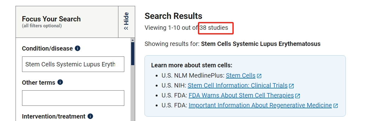 clinicaltrials.gov網(wǎng)站上注冊的有關(guān)干細胞治療系統(tǒng)性紅斑狼瘡的臨床研究項目有38項。其中已完成的有10項。
