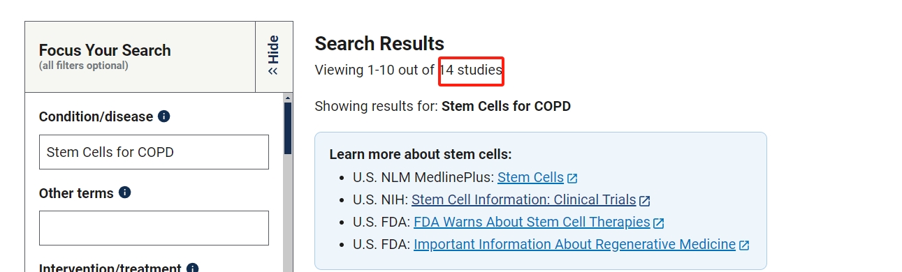 clinicaltrials.gov網(wǎng)站上注冊的有關(guān)干細(xì)胞治療慢性阻塞性肺病的臨床研究項目有14項。其中已完成的有6項。