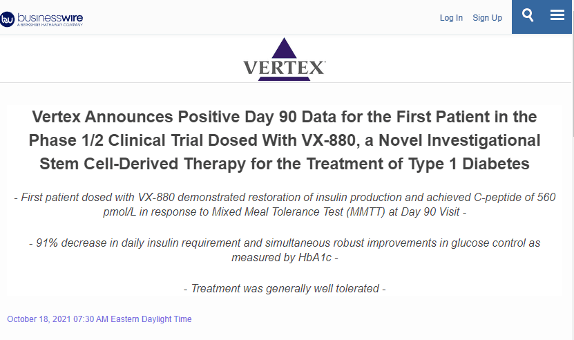 Vertex 宣布 1/2 期臨床試驗(yàn)中首位接受 VX-880 治療的患者第 90 天的陽性數(shù)據(jù)，VX-880 是一種用于治療 1 型糖尿病的新型試驗(yàn)性干細(xì)胞衍生療法