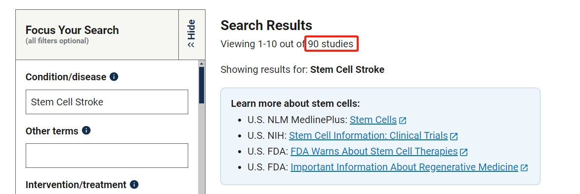 干細胞治療中風的臨床研究項目有90項。其中已完成的有33項。