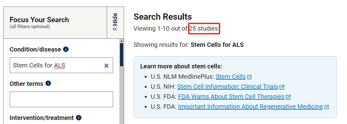 干細(xì)胞治療肌萎縮側(cè)索硬化癥的臨床研究項目有25項。其中已完成的有8項。