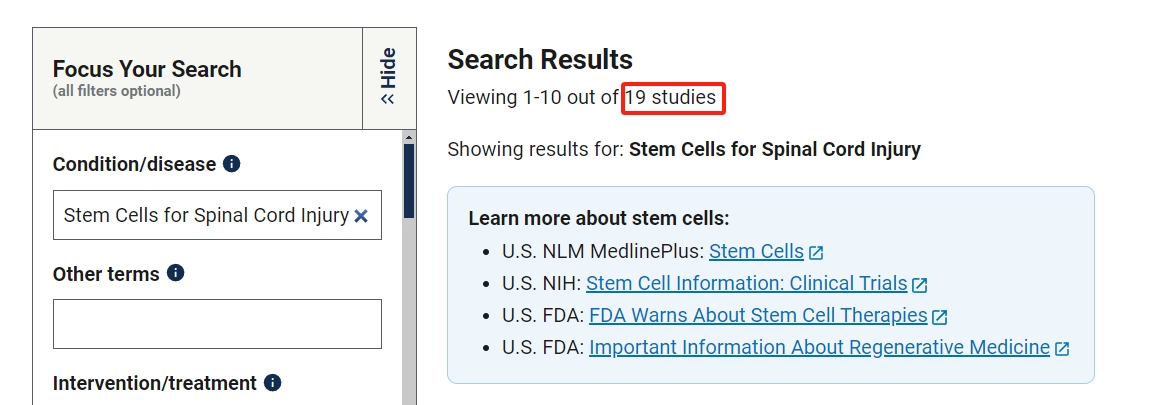 干細(xì)胞治療脊髓損傷的臨床研究項(xiàng)目有19項(xiàng)。其中已完成的有4項(xiàng)。
