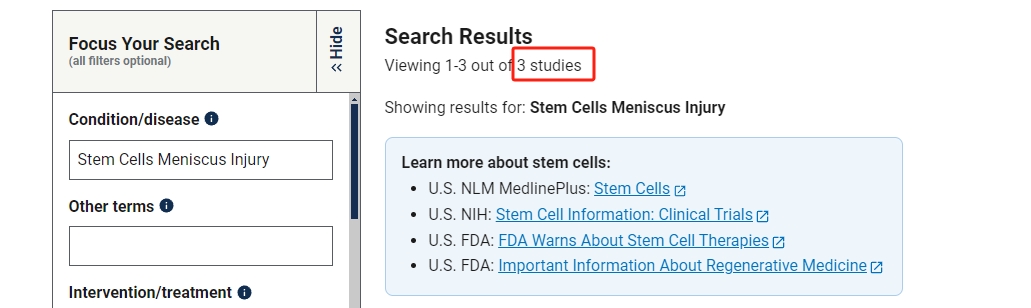 clinicaltrials.gov網(wǎng)站上注冊的有關干細胞治療半月板損傷的臨床研究項目有3項