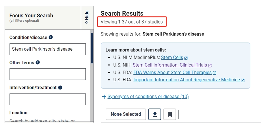 干細(xì)胞治療帕金森病的臨床研究項(xiàng)目有37項(xiàng)。