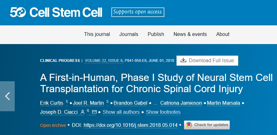 首次在人體中進(jìn)行的I期神經(jīng)干細(xì)胞移植治療慢性脊髓損傷的研究。