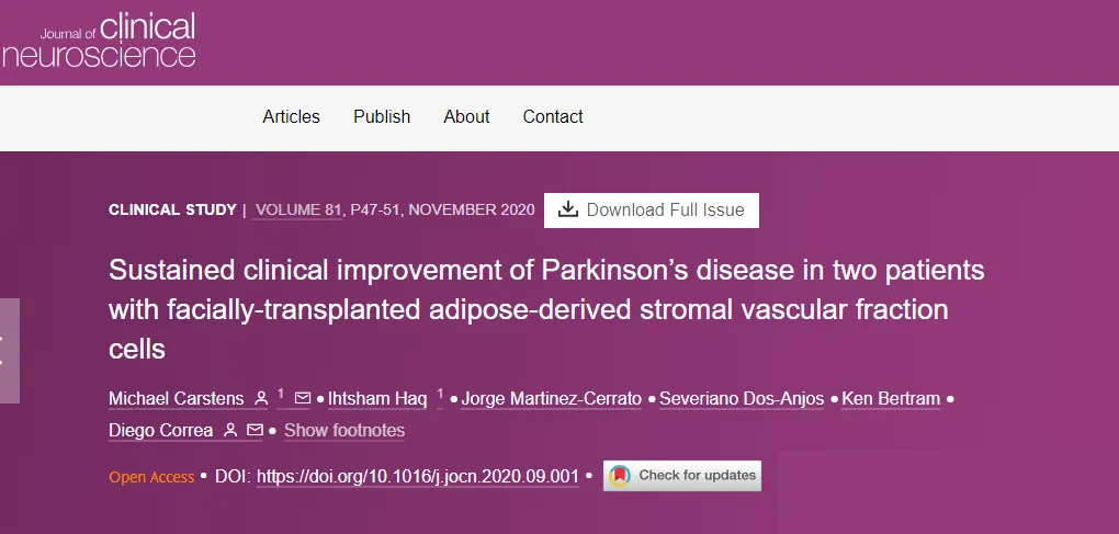 面部移植脂肪來(lái)源的基質(zhì)血管成分細(xì)胞后，兩名帕金森病患者病情持續(xù)改善