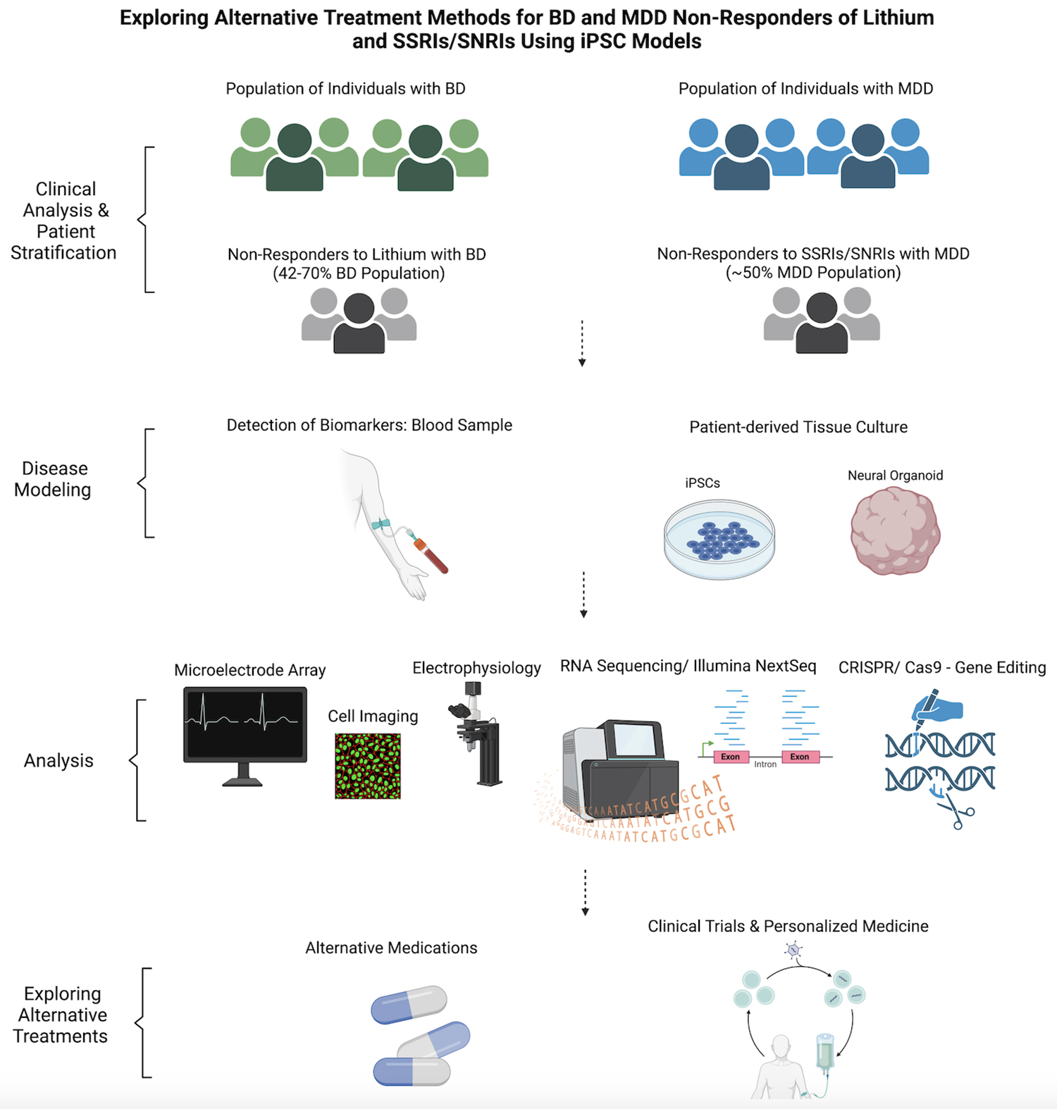 圖3-使用iPSC模型探索對鋰和SSRI/SNRI無反應(yīng)的BD和MDD患者的替代治療方法。