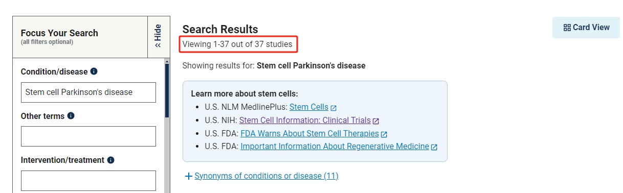 干細(xì)胞治療帕金森病的臨床研究項(xiàng)目有37項(xiàng)。