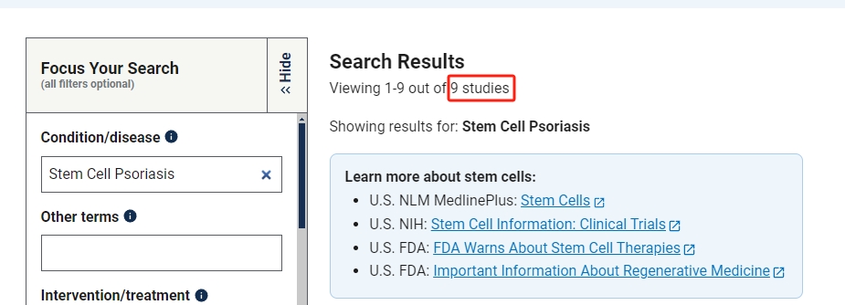 干細(xì)胞治療銀屑病臨床研究項(xiàng)目有9項(xiàng)。其中國(guó)內(nèi)發(fā)布的占據(jù)7項(xiàng)。