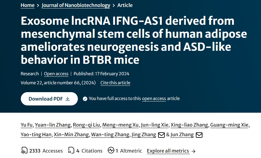 源自人類脂肪間充質干細胞的外泌體 lncRNA IFNG-AS1改善BTBR小鼠的神經(jīng)發(fā)生和ASD樣行為 源自人類脂肪間充質干細胞的外泌體 lncRNA IFNG-AS1改善BTBR小鼠的神經(jīng)發(fā)生和ASD樣行為