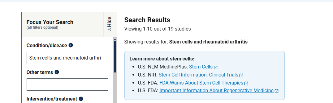 clinicaltrials.gov網(wǎng)站上注冊的有關(guān)干細(xì)胞治療類風(fēng)濕關(guān)節(jié)炎臨床研究項目有19項