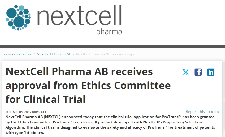 NextCell Pharma AB 獲得倫理委員會臨床試驗(yàn)批準(zhǔn)