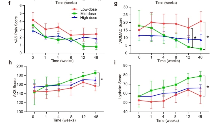VAS 疼痛評(píng)分 ( f )、WOMAC 評(píng)分 ( g )。AKS 膝關(guān)節(jié)評(píng)分 ( h ) 和 Lysholm 膝關(guān)節(jié)量表 ( i )。