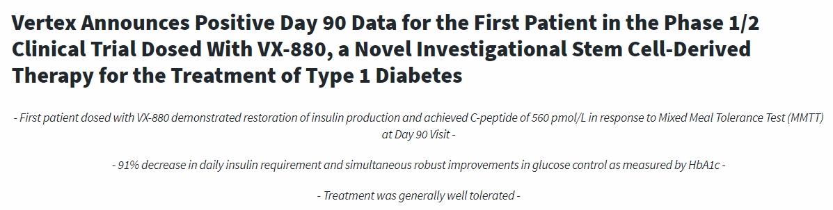 Vertex宣布1/2期臨床試驗中首位接受VX-880治療的患者第90天的陽性數(shù)據(jù)