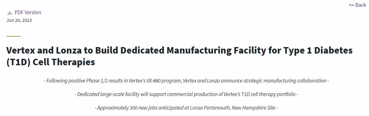 Vertex和Lonza將建立專門生產(chǎn)1型糖尿病 (T1D) 細胞療法的工廠