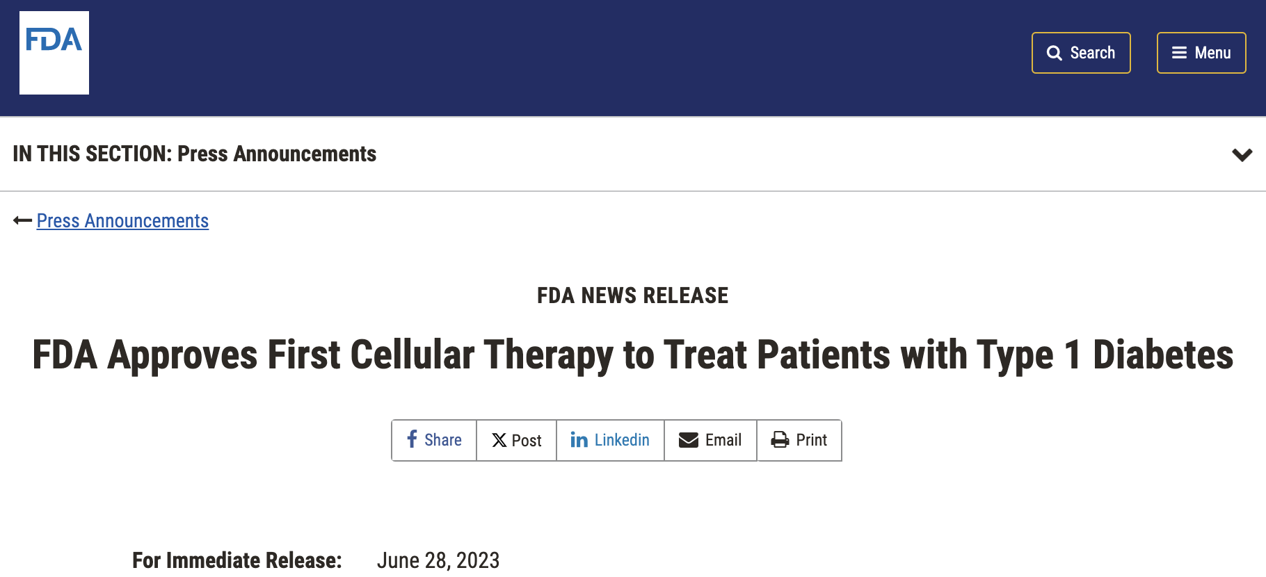 FDA 批準(zhǔn)首個(gè)用于治療 1 型糖尿病患者的細(xì)胞療法