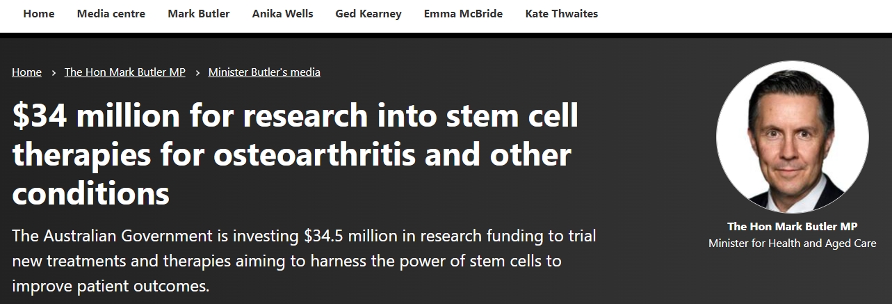 澳大利亞政府:投資3400萬美元用于骨關(guān)節(jié)炎和其他疾病的干細(xì)胞療法研究