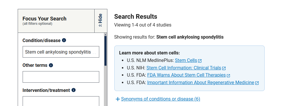 clinicaltrials.gov網(wǎng)站上注冊(cè)的有關(guān)干細(xì)胞治療強(qiáng)直性脊柱炎的臨床研究項(xiàng)目有4項(xiàng)