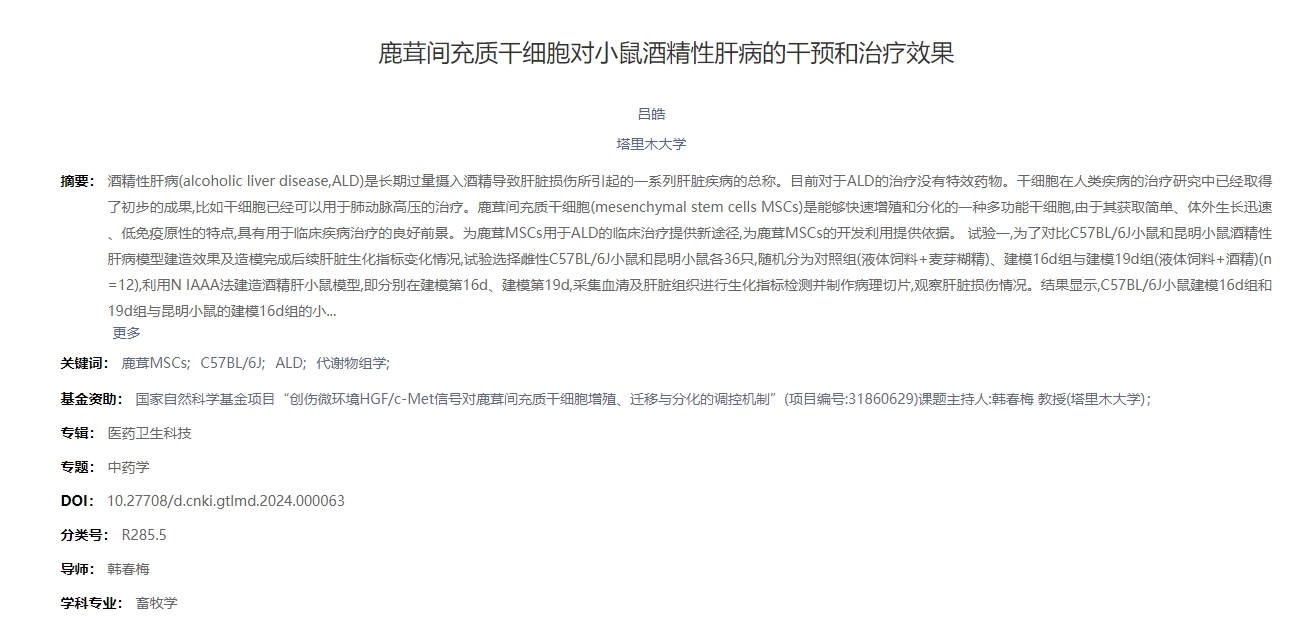 鹿茸間充質(zhì)干細(xì)胞對小鼠酒精性肝病的干預(yù)和治療效果