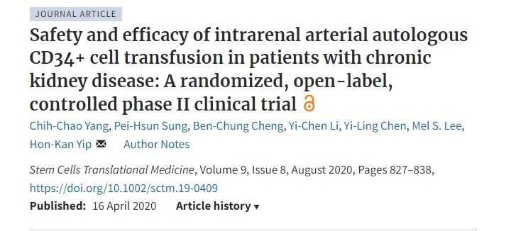 慢性腎臟病患者腎動脈自體 CD34+ 細胞輸注的安全性和有效性：一項隨機、開放標簽、對照的 II 期臨床試驗