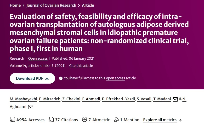 評(píng)估自體脂肪來(lái)源的間充質(zhì)基質(zhì)細(xì)胞卵巢內(nèi)移植治療特發(fā)性卵巢早衰患者的安全性、可行性和有效性的I期非隨機(jī)臨床試驗(yàn)。