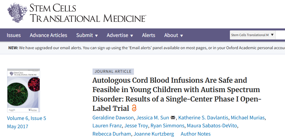 自體臍帶血輸注對患有自閉癥譜系障礙的幼兒來說是安全可行的：單中心 I 期開放標簽試驗的結(jié)果