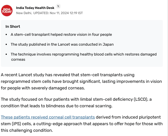 柳葉刀發(fā)布！全球首例干細(xì)胞治療幫助患者恢復(fù)視力，干細(xì)胞治療領(lǐng)域新突破！