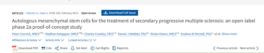 自體間充質(zhì)干細(xì)胞治療繼發(fā)性進(jìn)行性多發(fā)性硬化癥：一項(xiàng)開放標(biāo)簽 2a 期概念驗(yàn)證研究