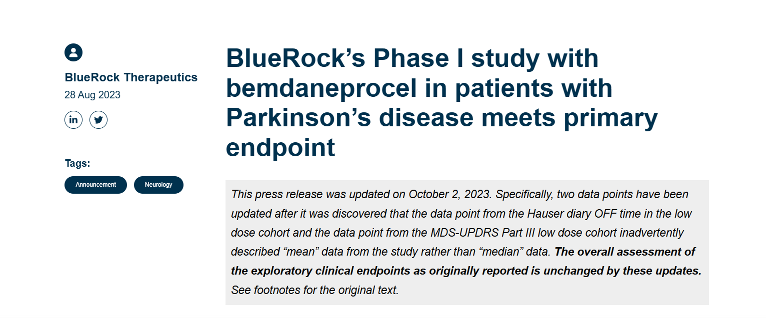 馬薩諸塞州劍橋的生物技術(shù)公司 BlueRock Therapeutics 開展，試驗(yàn)為參與者提供了源自人類 ES 細(xì)胞的 A9 祖細(xì)胞