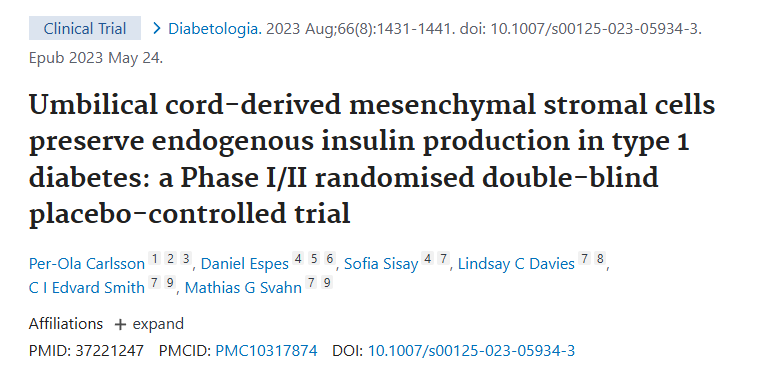 臍帶間充質(zhì)基質(zhì)細胞保留 1 型糖尿病患者的內(nèi)源性胰島素產(chǎn)生：一項 I/II 期隨機雙盲安慰劑對照試驗