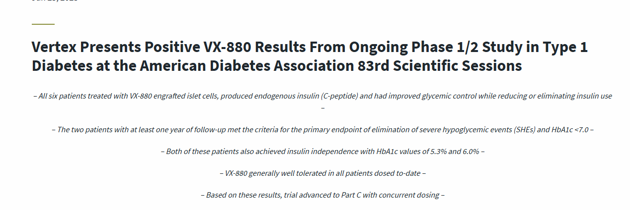 Vertex 在美國(guó)糖尿病協(xié)會(huì)第 83 屆科學(xué)會(huì)議上公布了正在進(jìn)行的 1/2 期1型糖尿病 VX-880 研究的積極結(jié)果。
