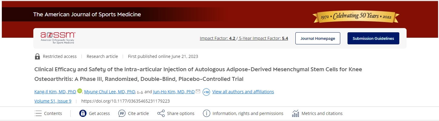 關(guān)節(jié)內(nèi)注射自體脂肪間充質(zhì)干細(xì)胞治療膝關(guān)節(jié)骨關(guān)節(jié)炎的臨床療效和安全性：一項(xiàng)III期、隨機(jī)、雙盲、安慰劑對(duì)照試驗(yàn)