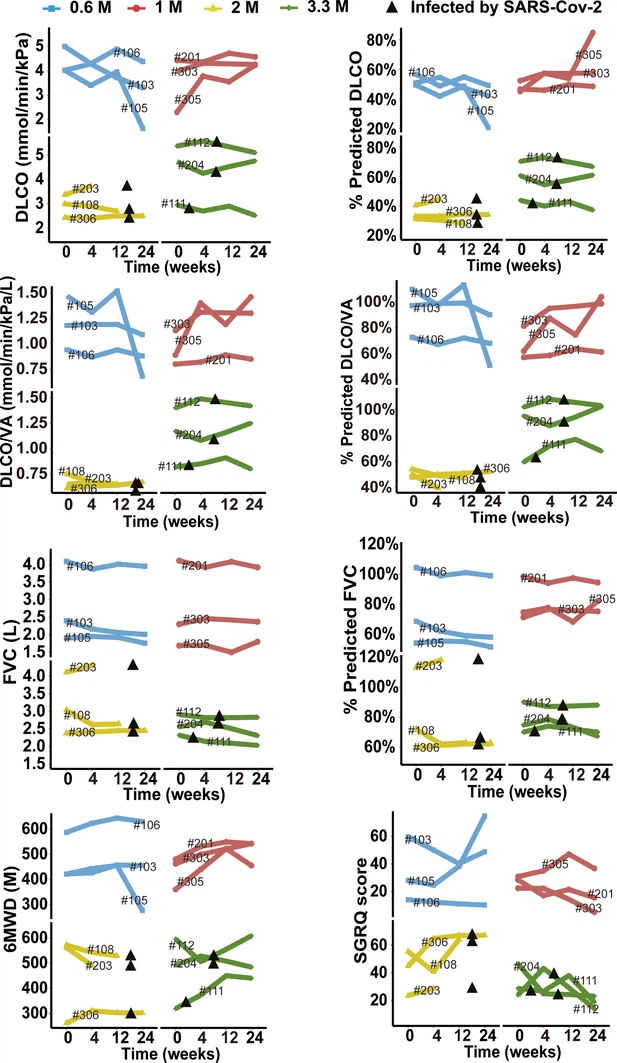 圖3-圖補(bǔ)充1：細(xì)胞治療后不同時間點(diǎn)預(yù)測DLCO%、DLCO、預(yù)測DLCO/VA%、DLCO/VA、預(yù)測FVC%、FVC、6MWD及SGRQ評分的變化。