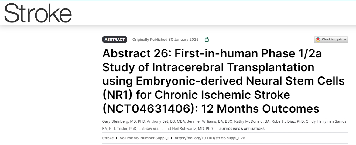首次使用胚胎源性神經(jīng)干細(xì)胞 (NR1) 進(jìn)行腦內(nèi)移植治療慢性缺血性中風(fēng)的 1/2a 期人體研究 (NCT04631406):12 個(gè)月結(jié)果 首次使用胚胎源性神經(jīng)干細(xì)胞 (NR1) 進(jìn)行腦內(nèi)移植治療慢性缺血性中風(fēng)的 1/2a 期人體研究 (NCT04631406):12 個(gè)月結(jié)果