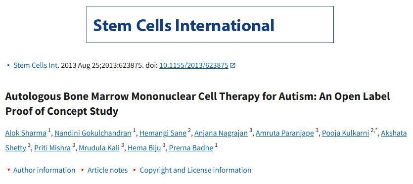 自體骨髓單核細胞治療自閉癥：一項開放標(biāo)簽概念驗證研究