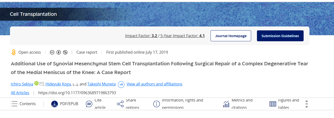 膝關(guān)節(jié)內(nèi)側(cè)半月板復(fù)雜退行性撕裂手術(shù)修復(fù)后滑膜間充質(zhì)干細(xì)胞移植的附加應(yīng)用：病例報(bào)告